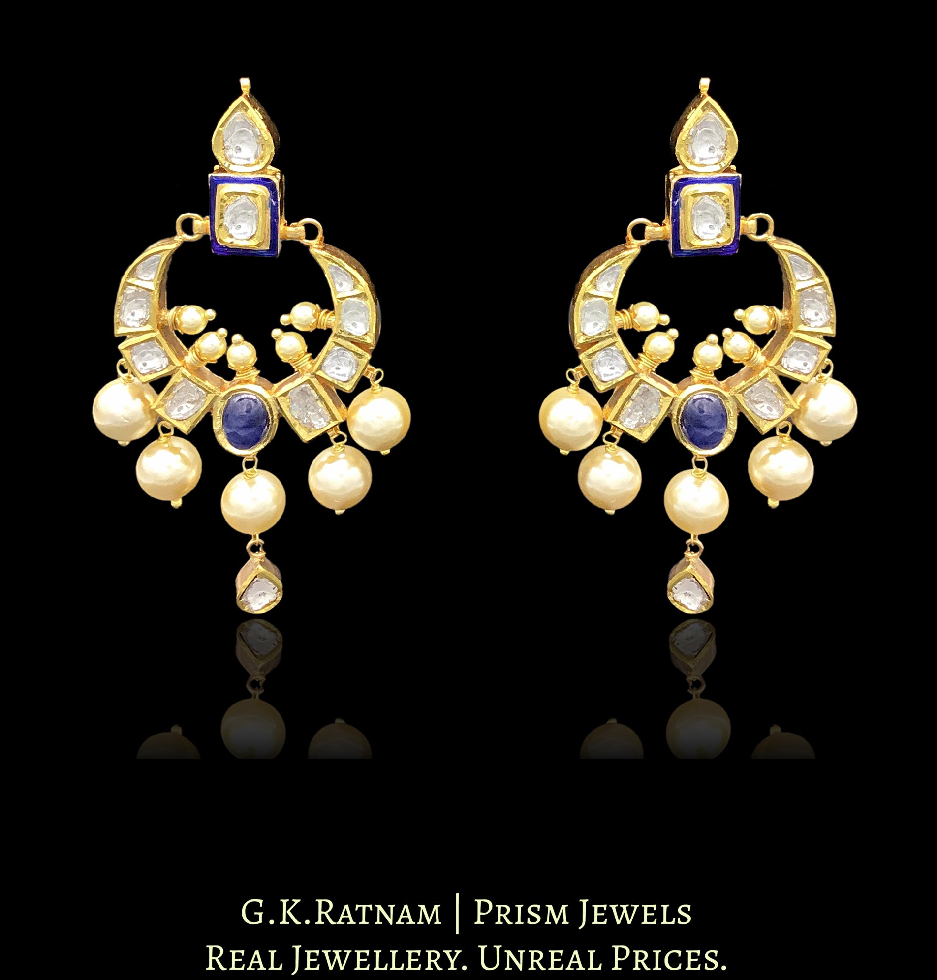18k Gold and Diamond Polki Chand Bali Earring Pair with blue enamel - G. K. Ratnam