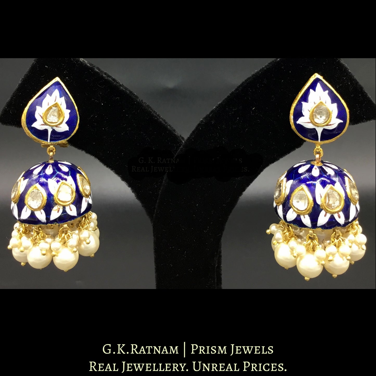 23k Gold and Diamond Polki Jhumki Earring Pair with exquisite blue pottery - G. K. Ratnam