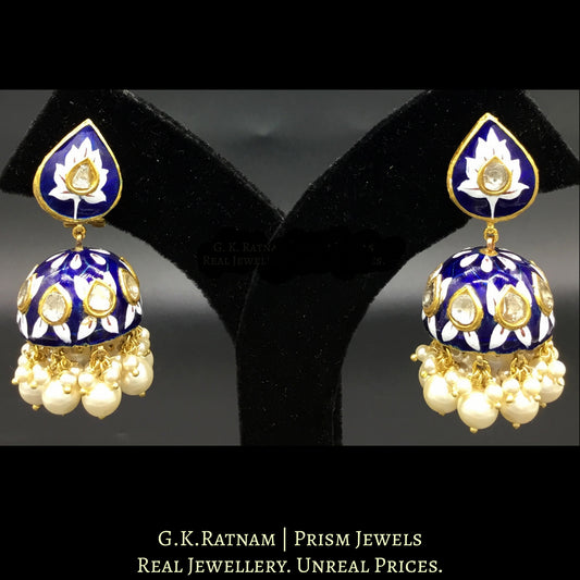 23k Gold and Diamond Polki Jhumki Earring Pair with exquisite blue pottery - G. K. Ratnam