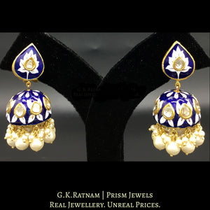 23k Gold and Diamond Polki Jhumki Earring Pair with exquisite blue pottery