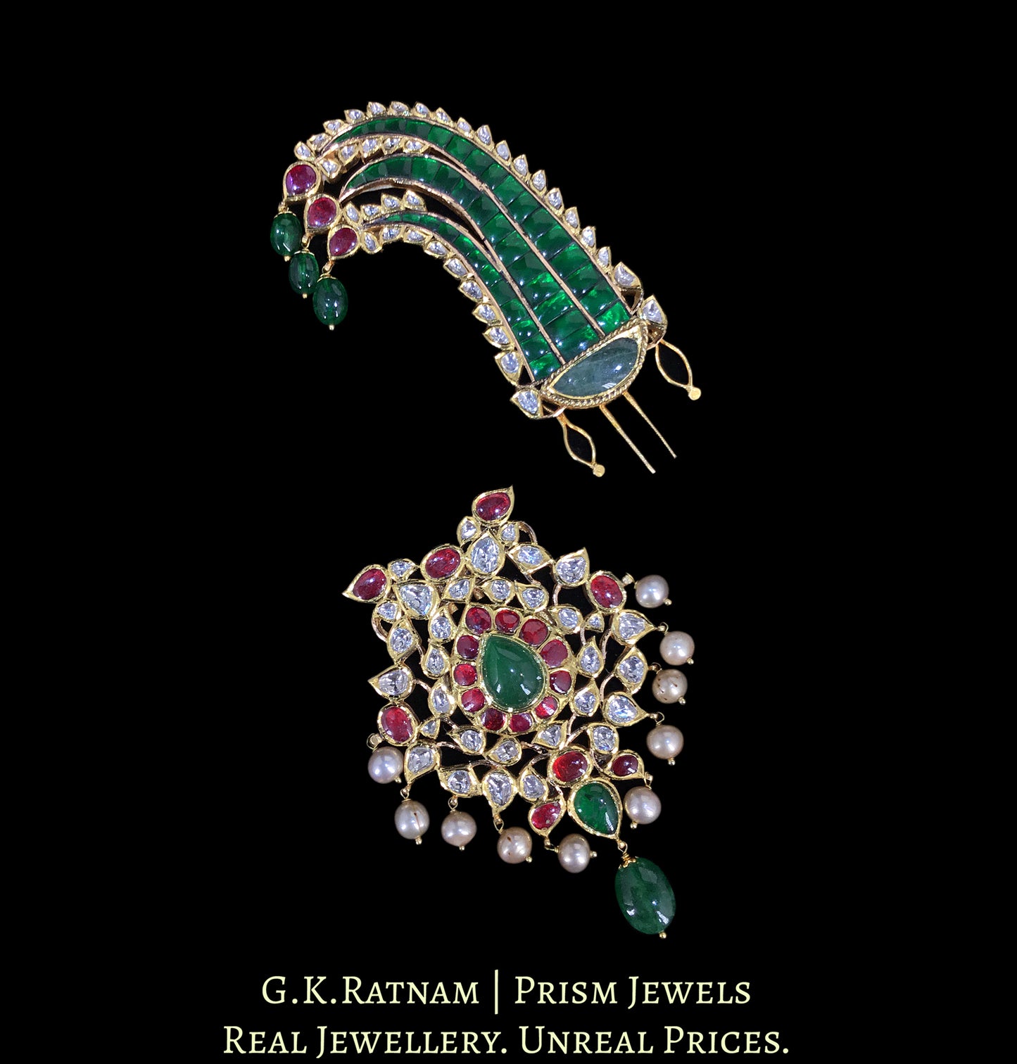18k Gold and Diamond Polki Kilangi Cum Pendant with Antiqued Freshwater Pearls