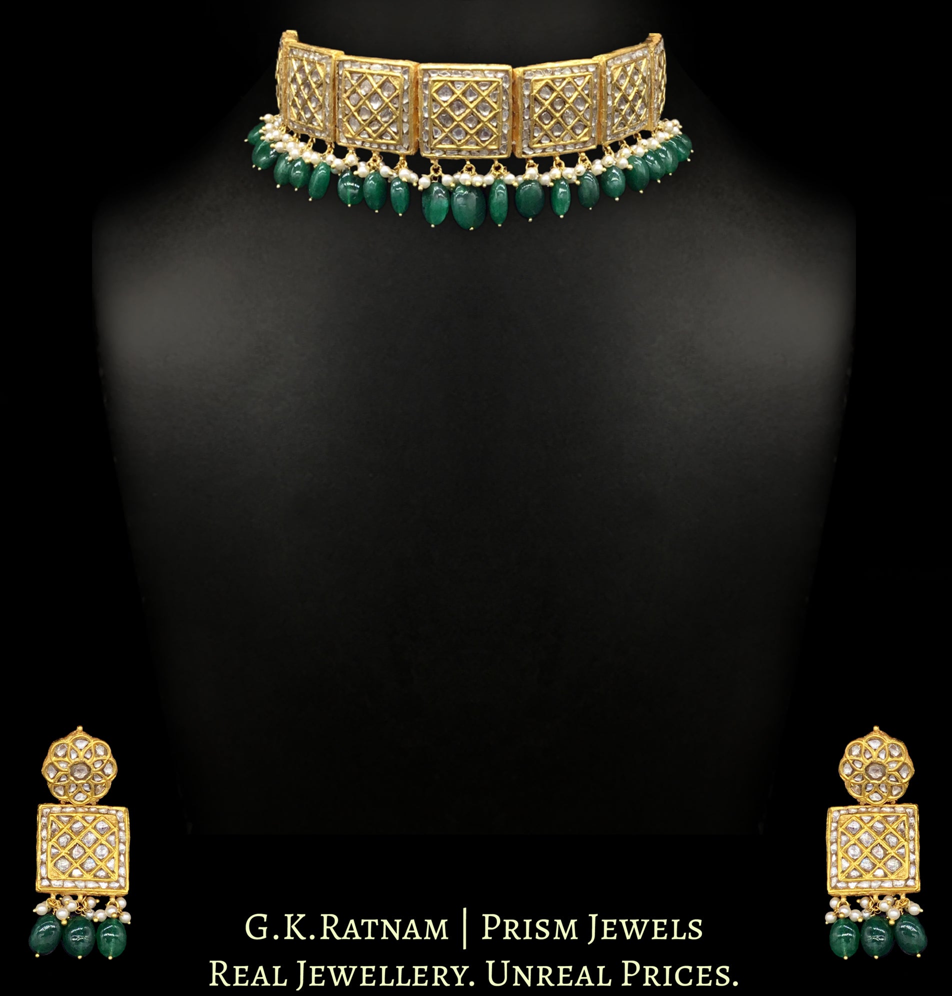 23k Gold and Diamond Polki Choker Necklace Set with green beryls and lustrous shell pearls