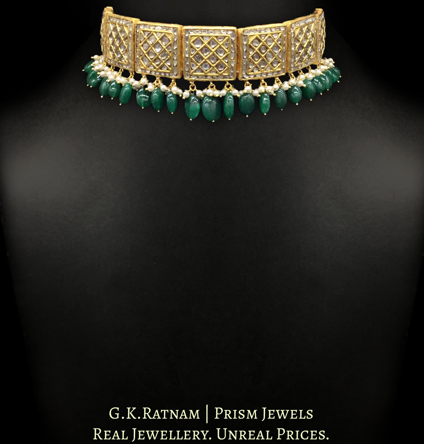 23k Gold and Diamond Polki Choker Necklace Set with green beryls and lustrous shell pearls