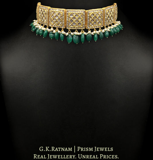 23k Gold and Diamond Polki Choker Necklace Set with green beryls and lustrous shell pearls