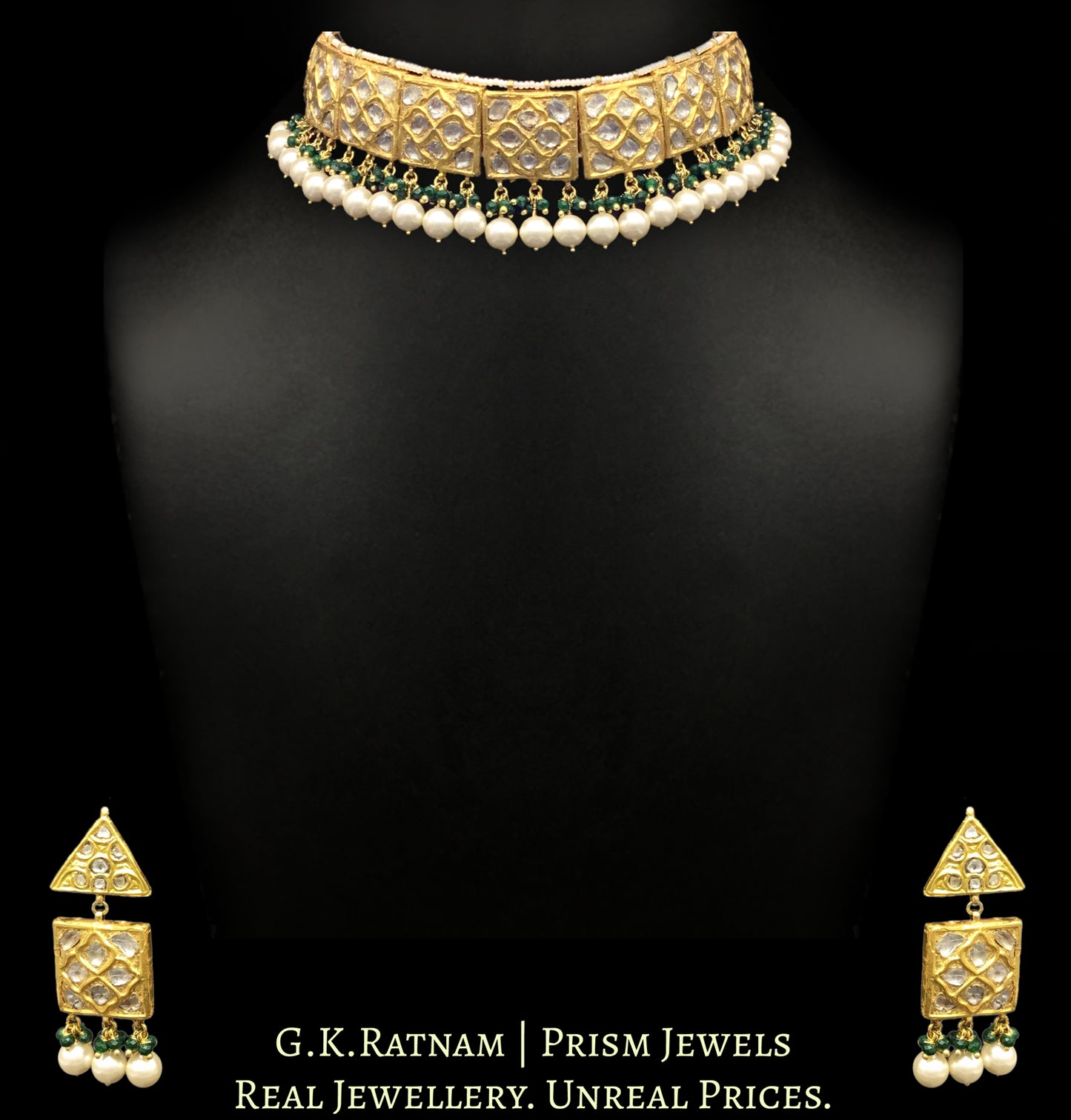 23k Gold and Diamond Polki Choker Necklace Set with intertwined lustrous uncut diamonds