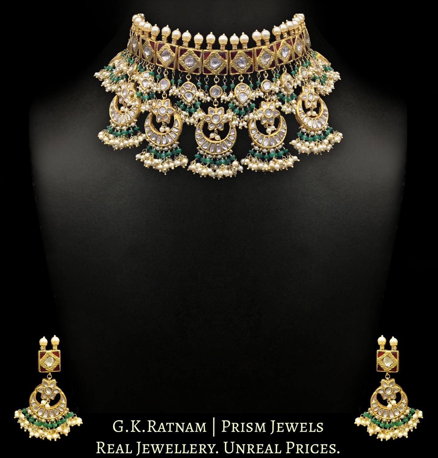 23k Gold and Diamond Polki red-green Choker Necklace Set with multiple chands strung in emerald-grade beryls