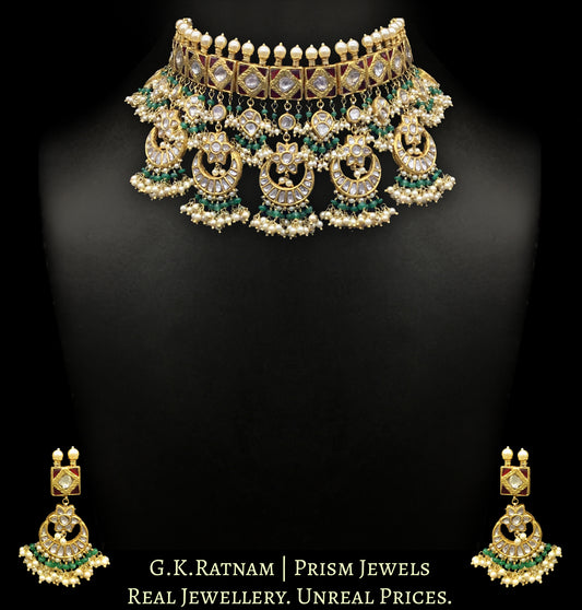 23k Gold and Diamond Polki red-green Choker Necklace Set with multiple chands strung in emerald-grade beryls