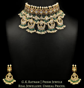 23k Gold and Diamond Polki red-green Choker Necklace Set with multiple chands strung in emerald-grade beryls