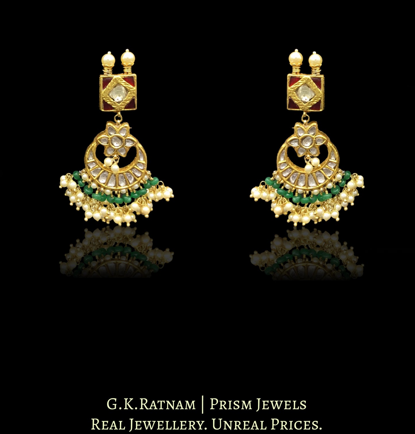 23k Gold and Diamond Polki red-green Choker Necklace Set with multiple chands strung in emerald-grade beryls