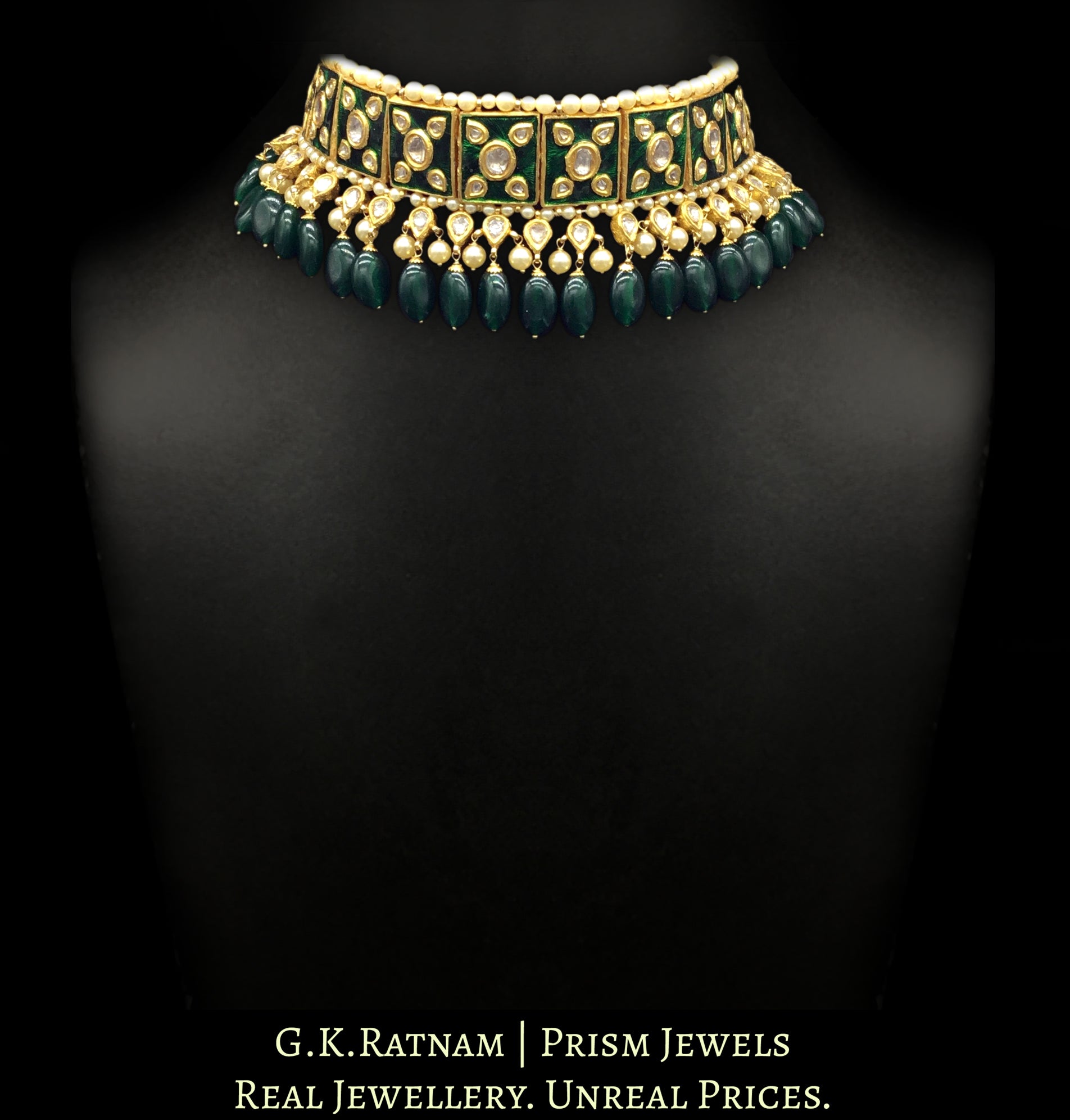23k Gold and Diamond Polki Choker Necklace Set with green meenakari and emerald-grade green beryls