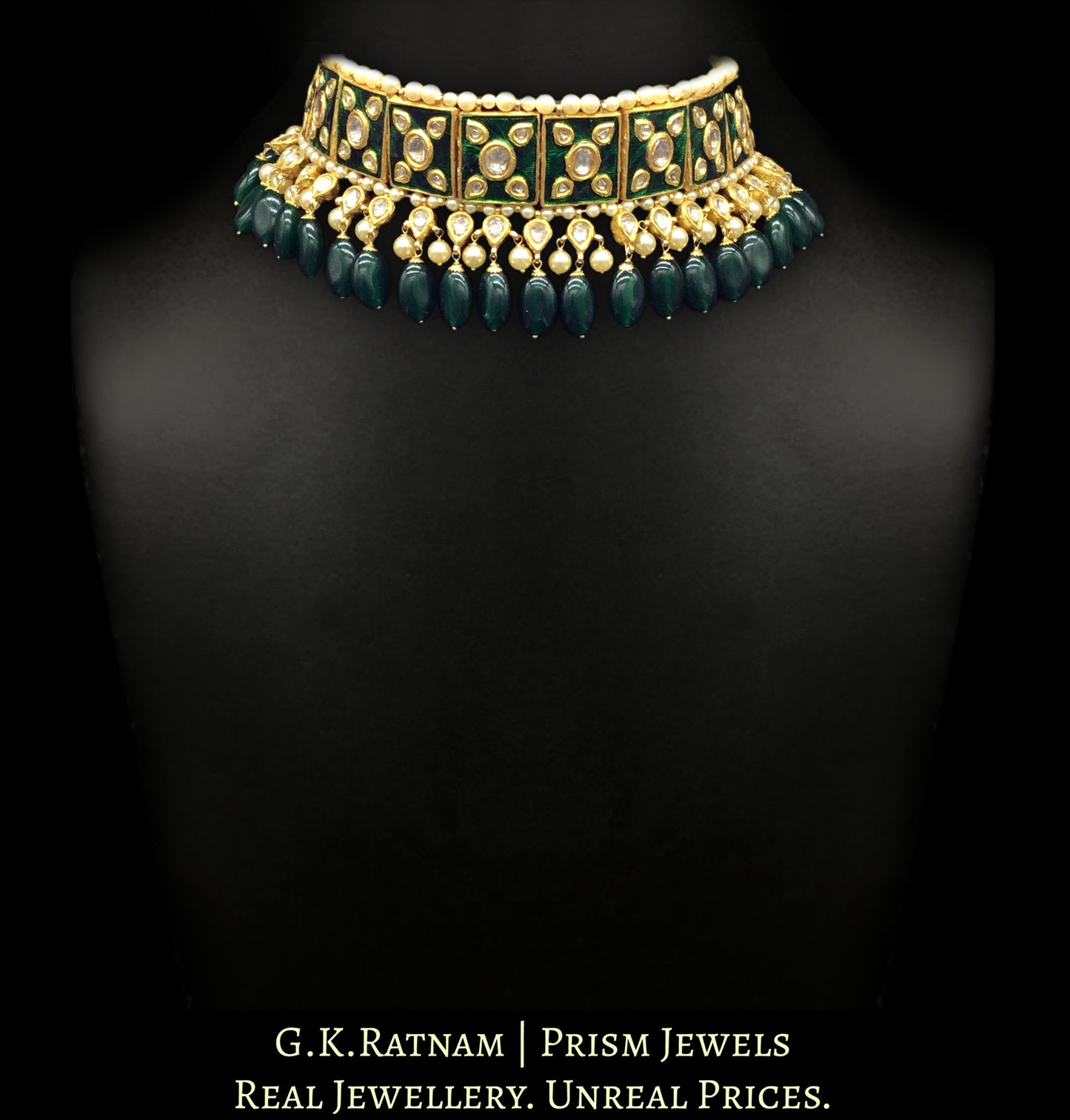 23k Gold and Diamond Polki Choker Necklace Set with green meenakari and emerald-grade green beryls