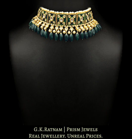 23k Gold and Diamond Polki Choker Necklace Set with green meenakari and emerald-grade green beryls