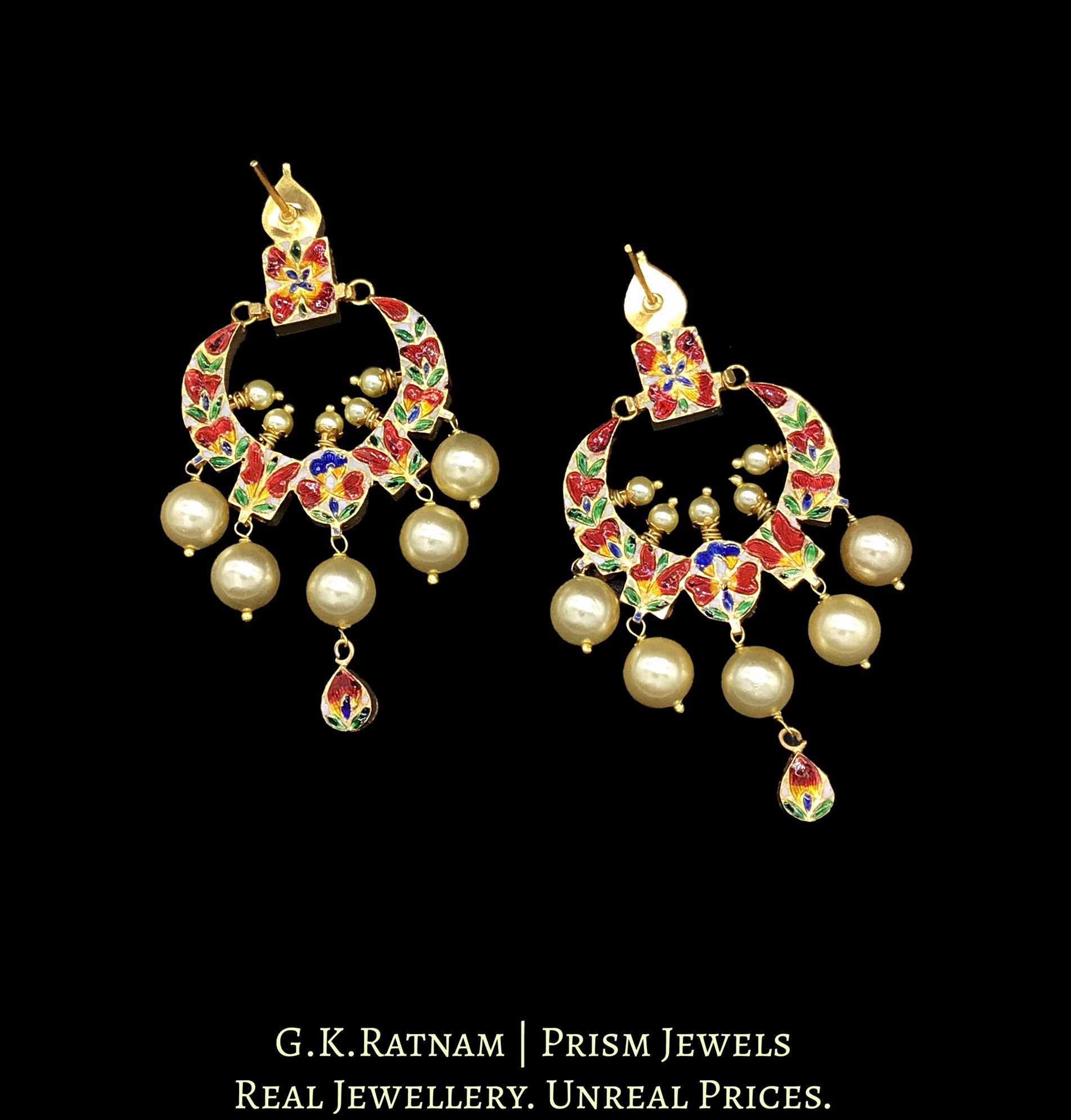 18k Gold and Diamond Polki Chand Bali Earring Pair with blue enamel - G. K. Ratnam