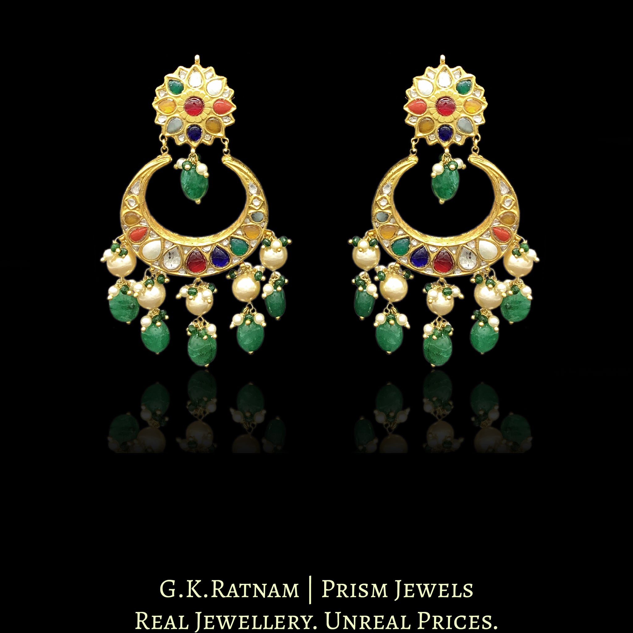 23k Gold and Diamond Polki Chand Bali Earring Pair with Navratan Stones and Green Beryls - G. K. Ratnam