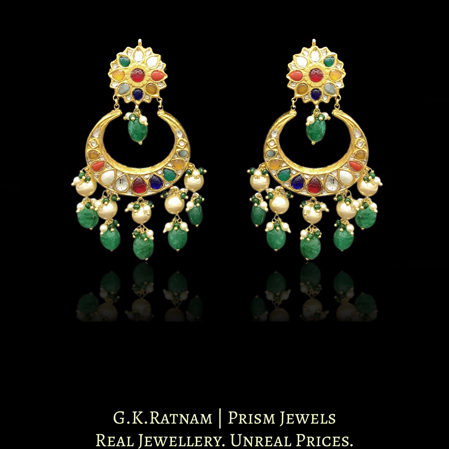 23k Gold and Diamond Polki Chand Bali Earring Pair with Navratan Stones and Green Beryls - G. K. Ratnam