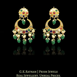 23k Gold and Diamond Polki Chand Bali Earring Pair with Navratan Stones and Green Beryls - G. K. Ratnam