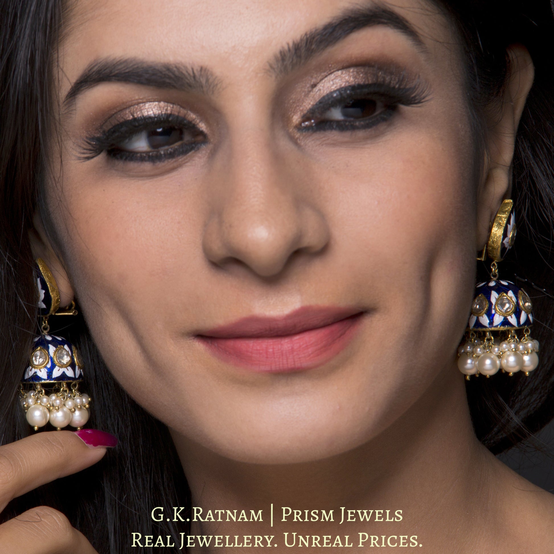 23k Gold and Diamond Polki Jhumki Earring Pair with exquisite blue pottery - G. K. Ratnam