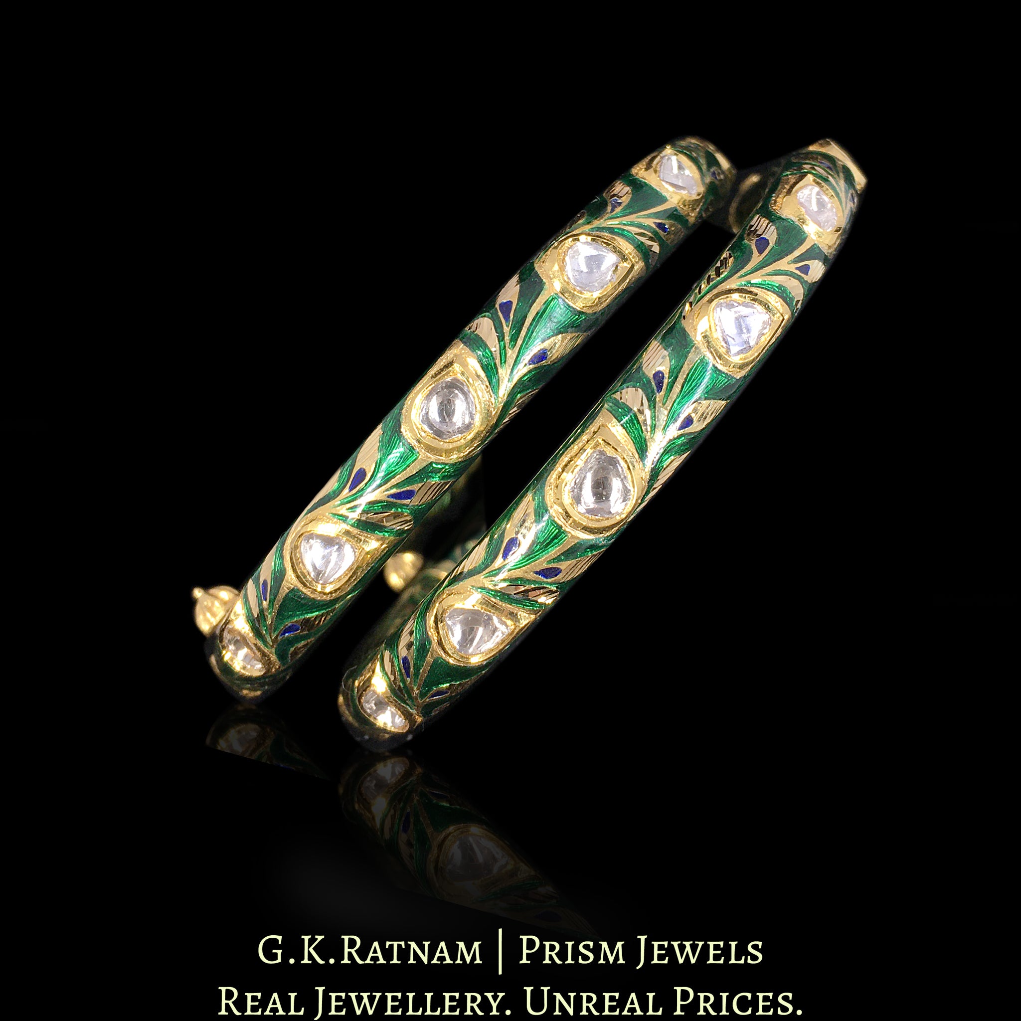 22k Gold and Diamond Polki Bangle Pair With intricate Green Meenakari