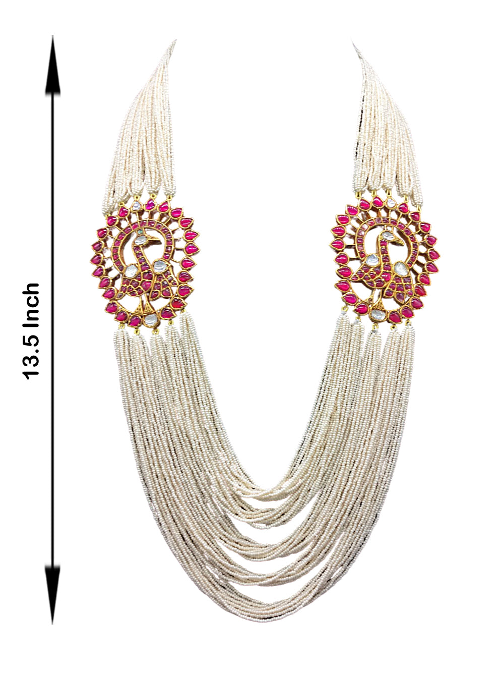 22k Gold and Diamond Polki Peacock Broach Necklace with Rubies and Chid Pearls