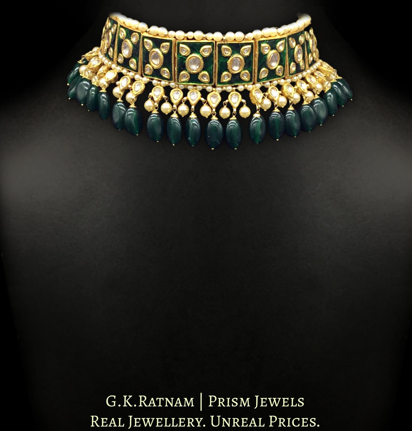 23k Gold and Diamond Polki Choker Necklace Set with green meenakari and emerald-grade green beryls