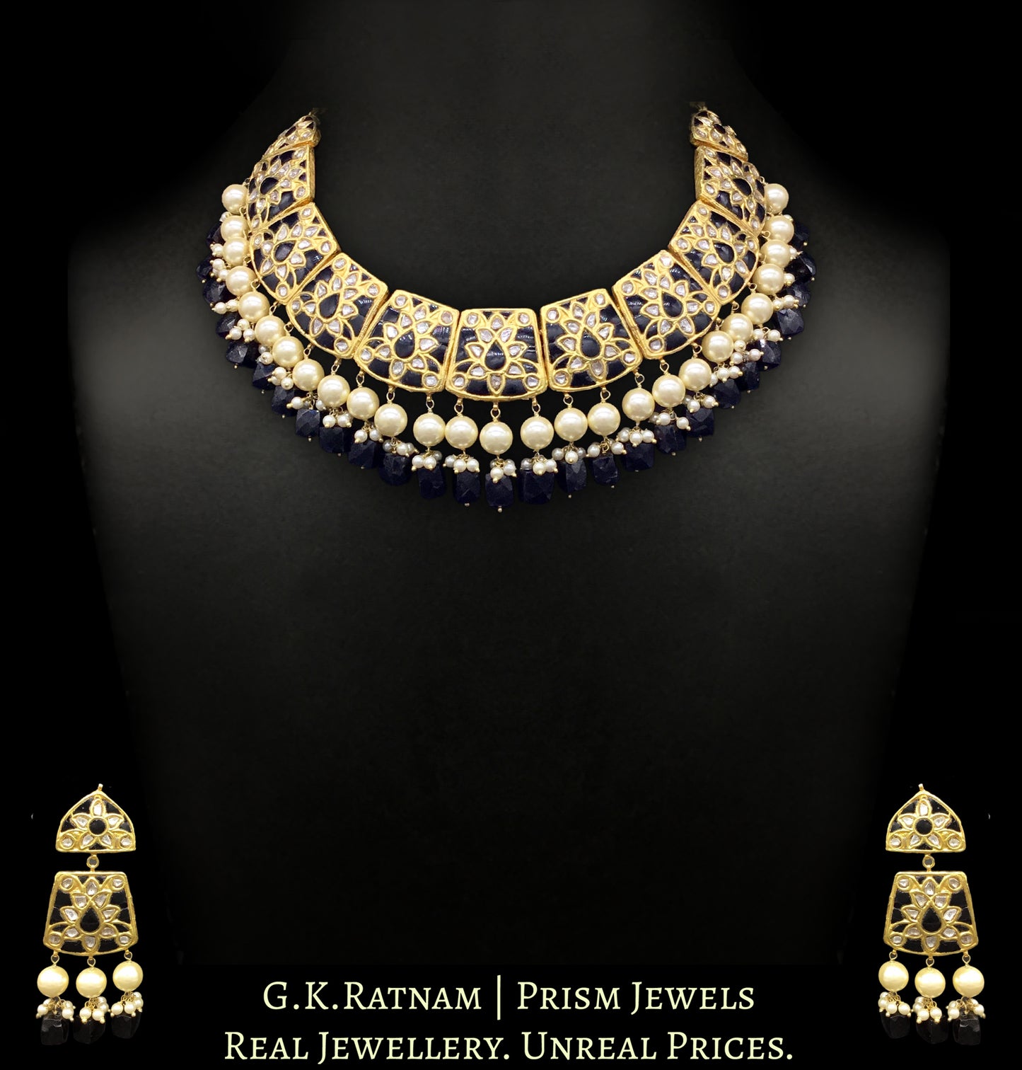 23k Gold and Diamond Polki Necklace Set with contrasting black spinel set with uncut diamonds - G. K. Ratnam