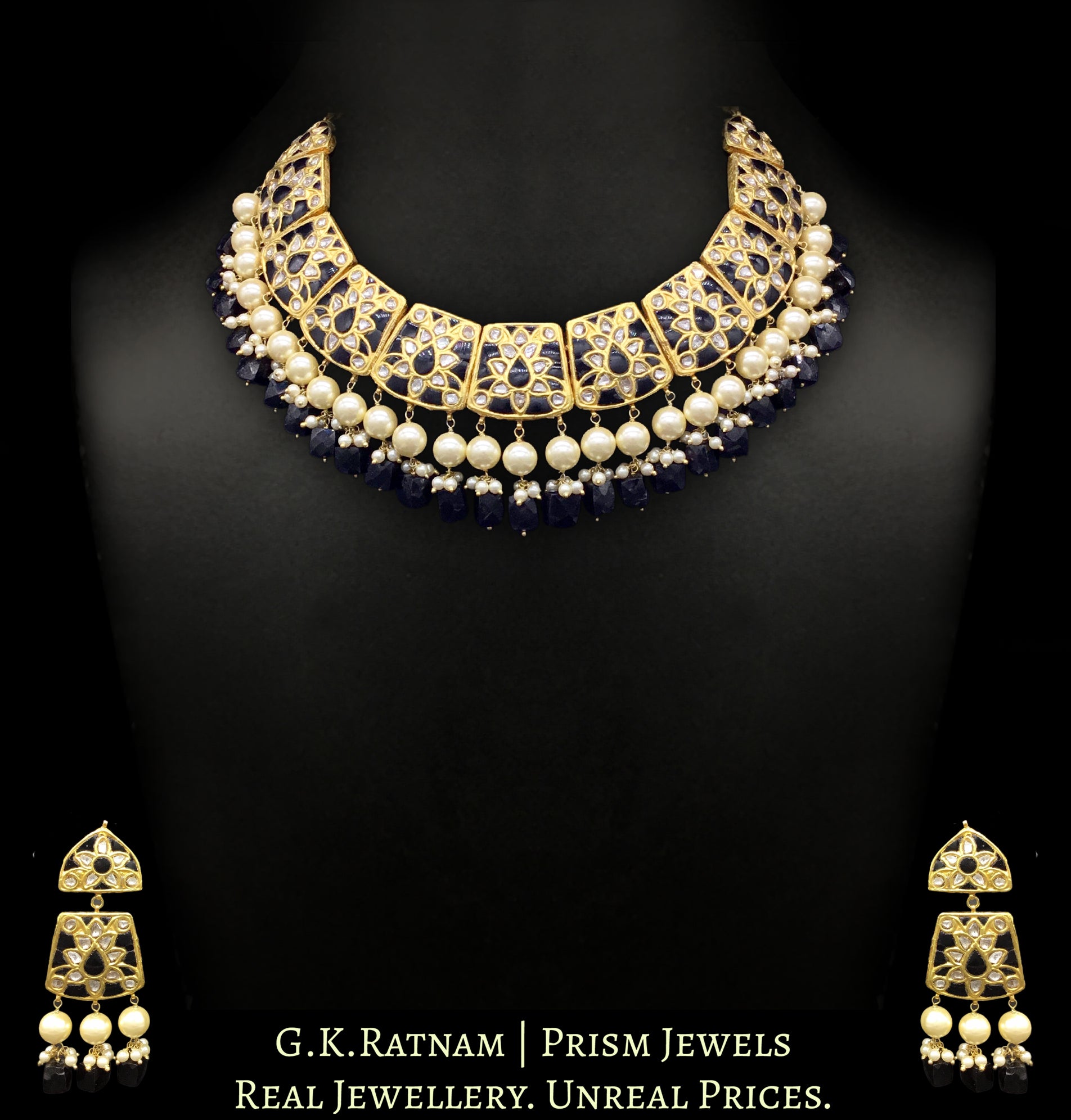 23k Gold and Diamond Polki Necklace Set with contrasting black spinel set with uncut diamonds - G. K. Ratnam