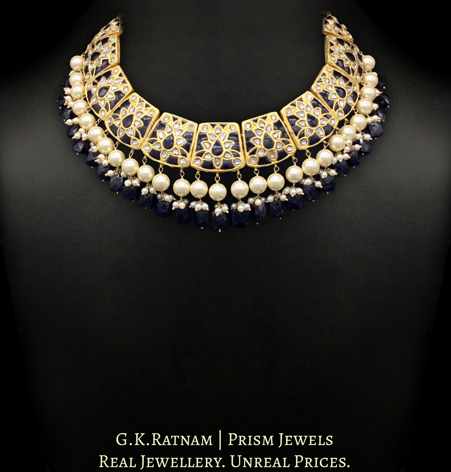 23k Gold and Diamond Polki Necklace Set with contrasting black spinel set with uncut diamonds - G. K. Ratnam