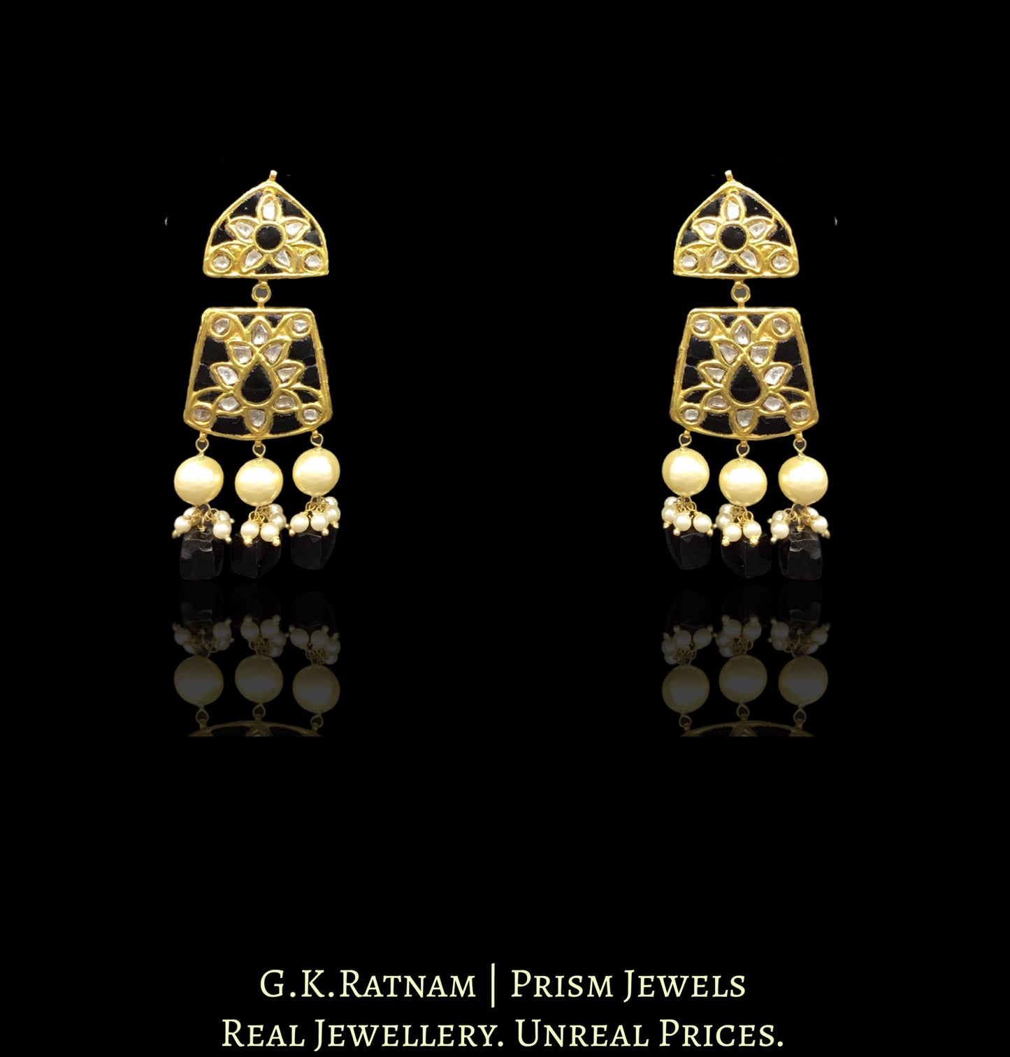 23k Gold and Diamond Polki Necklace Set with contrasting black spinel set with uncut diamonds - G. K. Ratnam