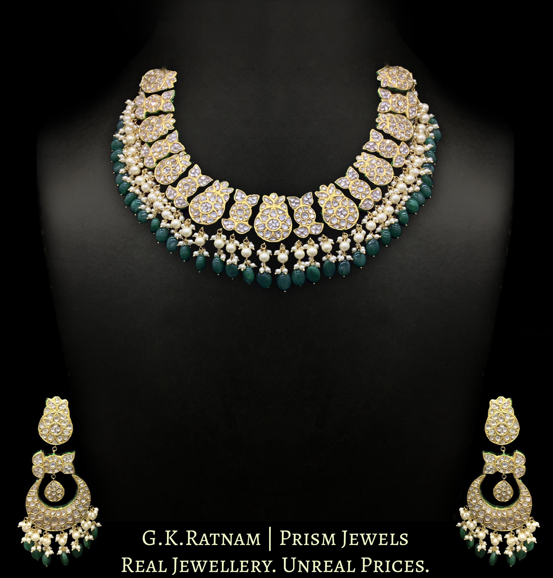 23k Gold and Diamond Polki Collar Necklace Set with emerald-grade green beryls and lustrous pearls