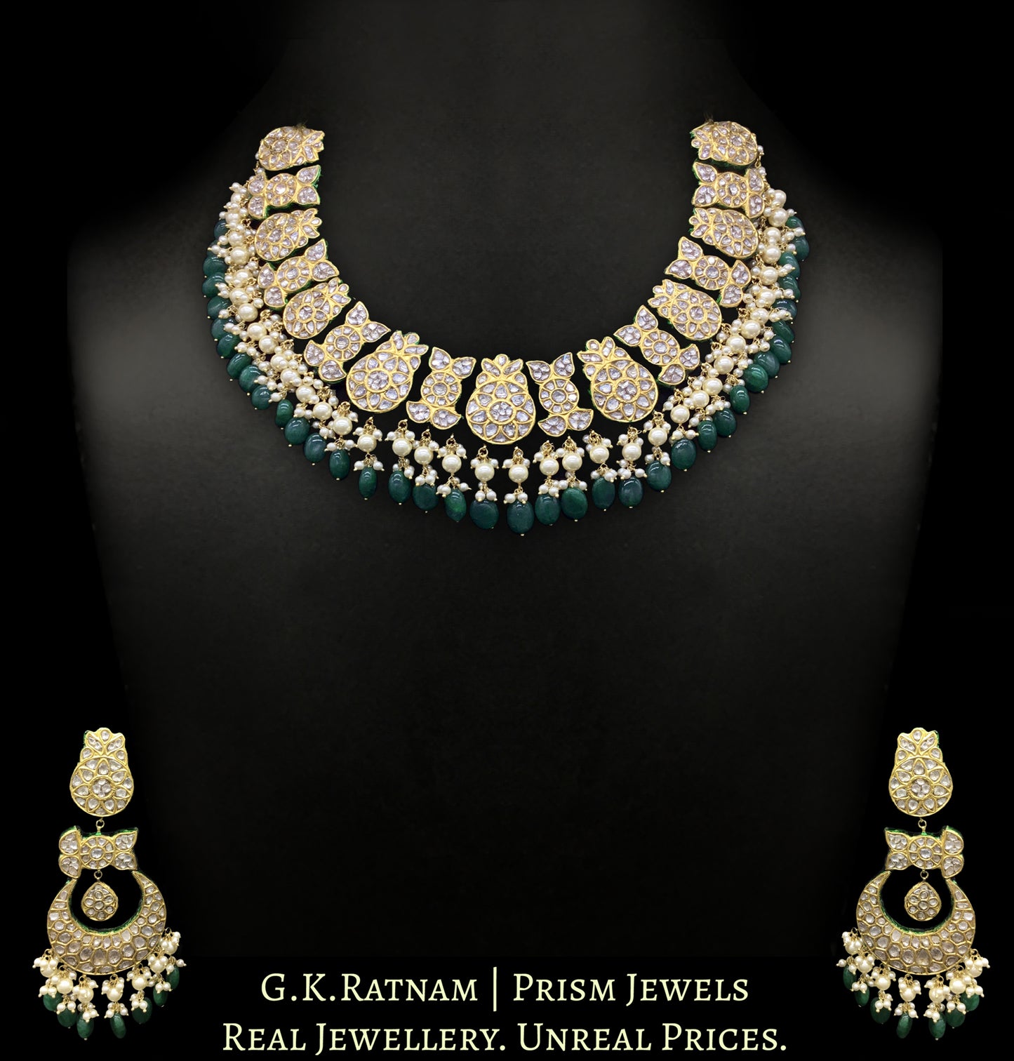 23k Gold and Diamond Polki Collar Necklace Set with emerald-grade green beryls and lustrous pearls - G. K. Ratnam