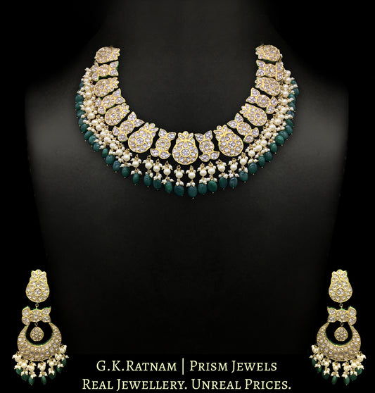 23k Gold and Diamond Polki Collar Necklace Set with emerald-grade green beryls and lustrous pearls - G. K. Ratnam