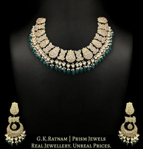 23k Gold and Diamond Polki Collar Necklace Set with emerald-grade green beryls and lustrous pearls