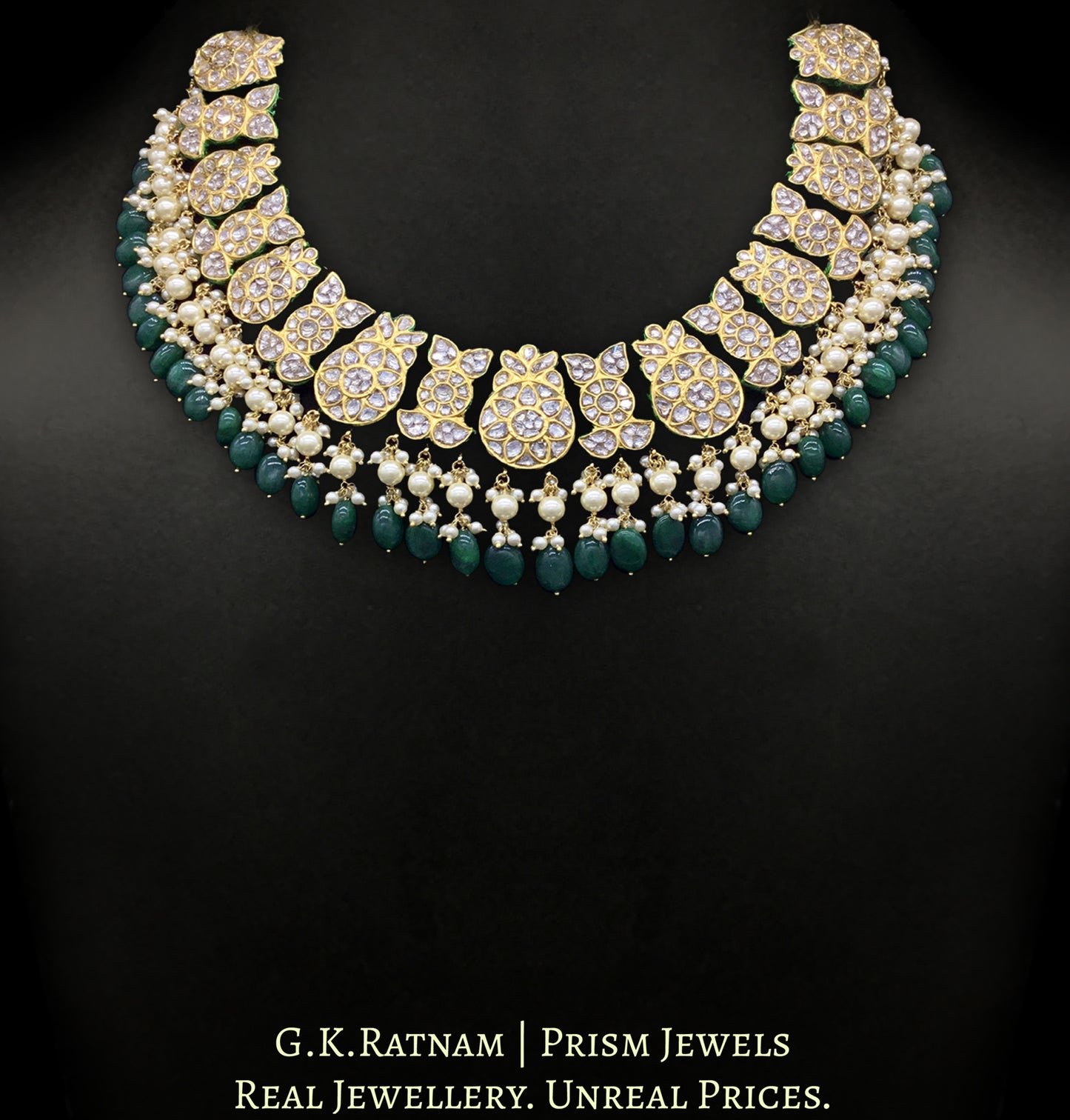 23k Gold and Diamond Polki Collar Necklace Set with emerald-grade green beryls and lustrous pearls - G. K. Ratnam