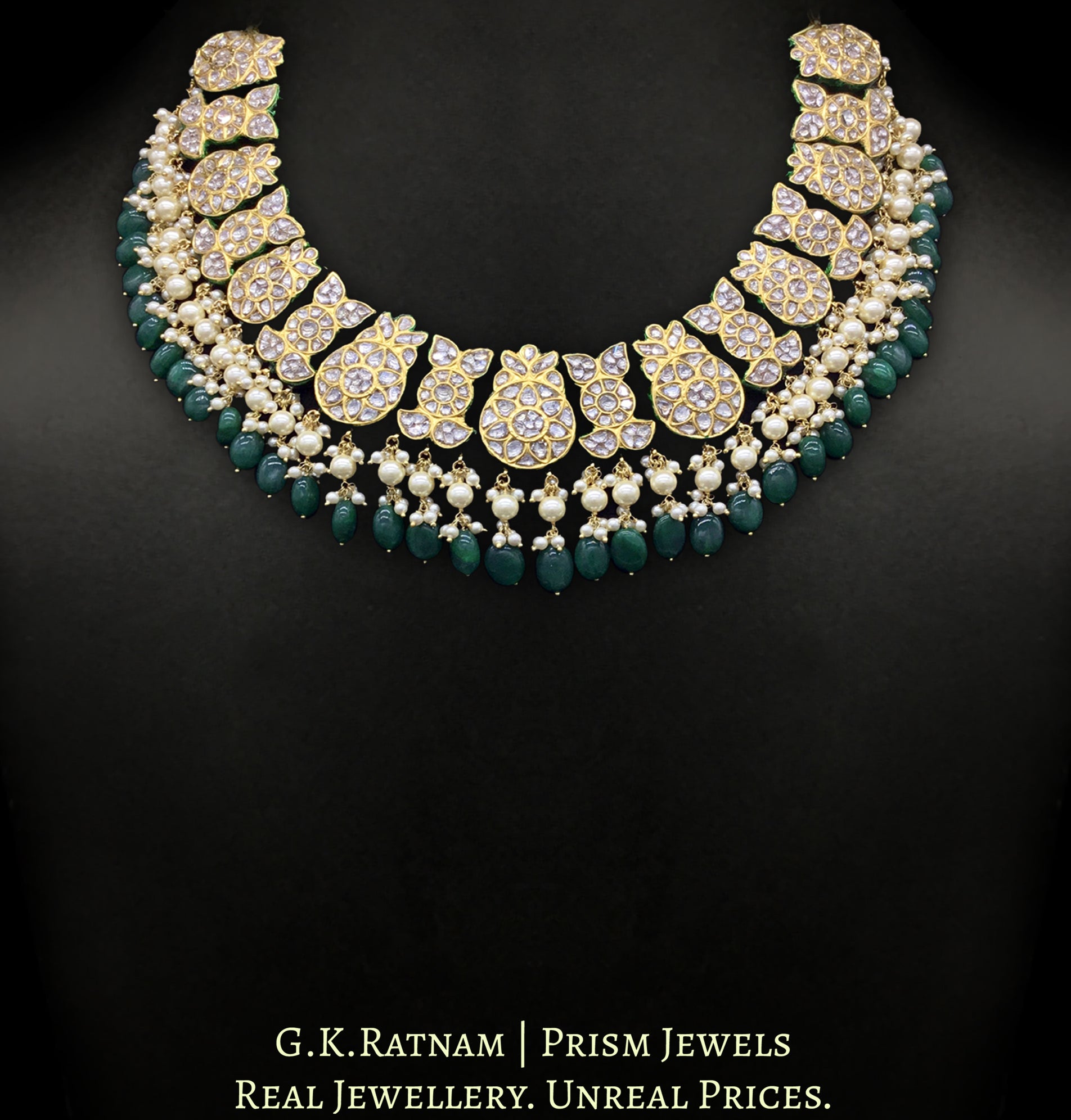 23k Gold and Diamond Polki Collar Necklace Set with emerald-grade green beryls and lustrous pearls - G. K. Ratnam