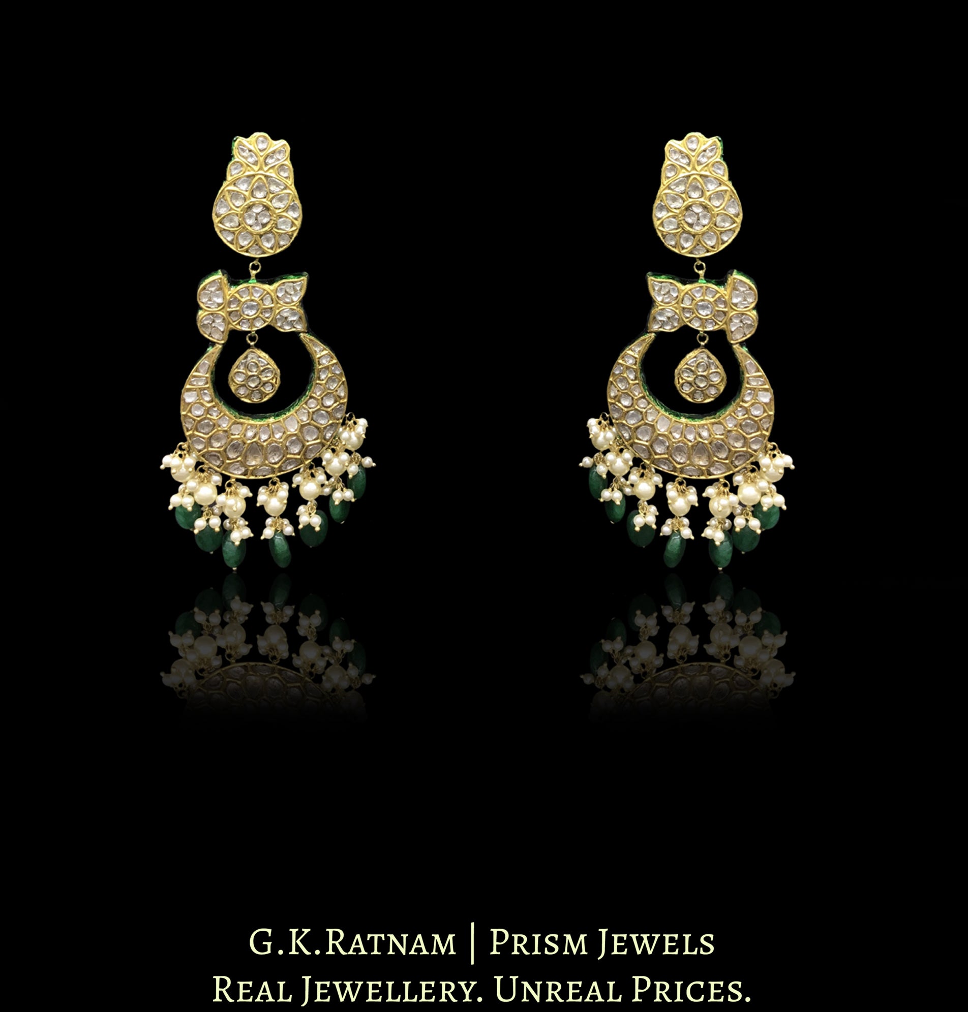 23k Gold and Diamond Polki Collar Necklace Set with emerald-grade green beryls and lustrous pearls - G. K. Ratnam