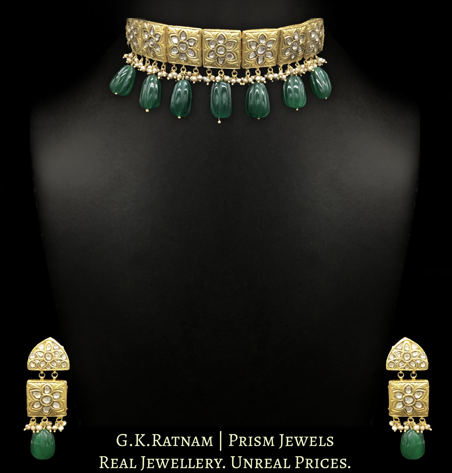23k Gold and Diamond Polki Choker Necklace Set with antique goldwork around floral uncut motifs