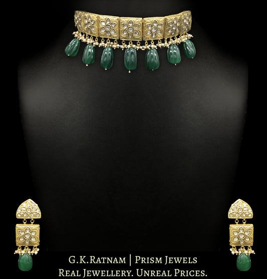 23k Gold and Diamond Polki Choker Necklace Set with antique goldwork around floral uncut motifs