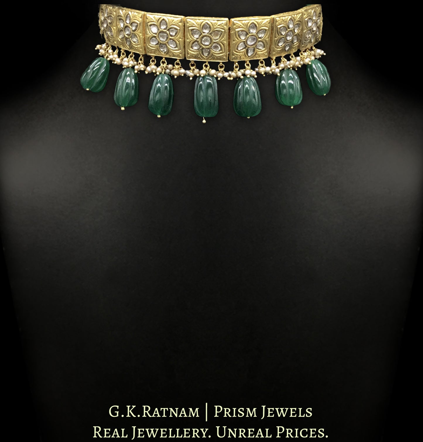 23k Gold and Diamond Polki Choker Necklace Set with antique goldwork around floral uncut motifs
