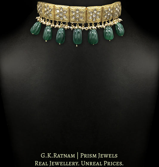 23k Gold and Diamond Polki Choker Necklace Set with antique goldwork around floral uncut motifs