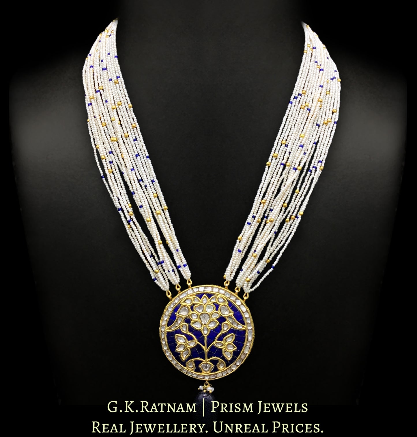 23k Gold and Diamond Polki blue round Pendant Set with tiny chid pearls