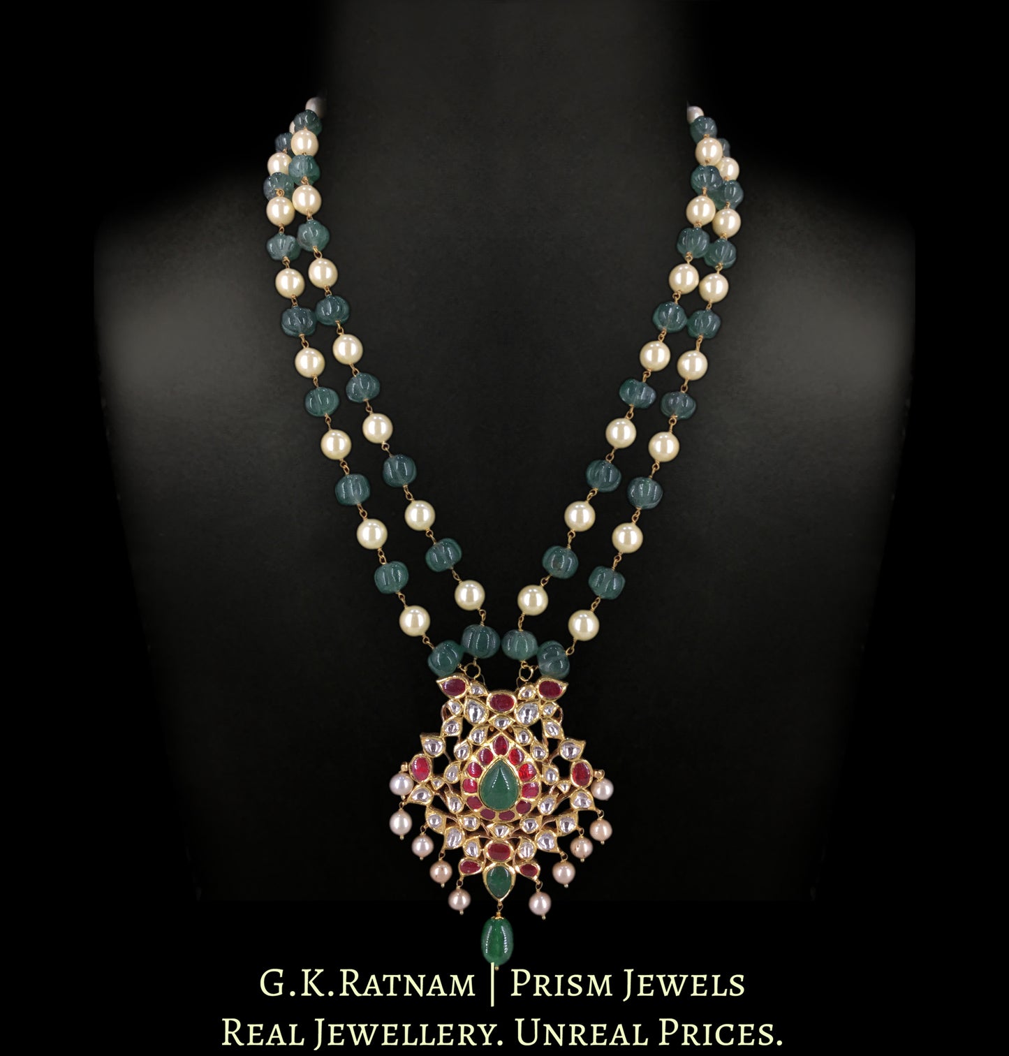 18k Gold and Diamond Polki Kilangi Cum Pendant with Antiqued Freshwater Pearls