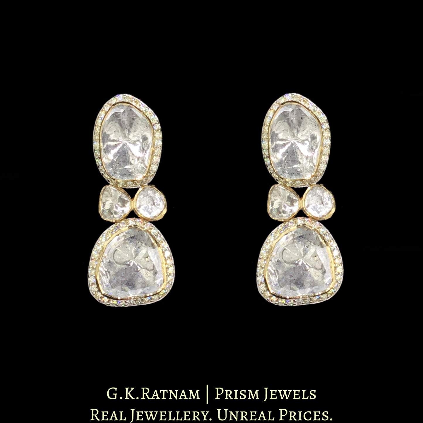 14k Gold and Diamond Polki Open Setting Necklace Set with Big Uncut Diamonds