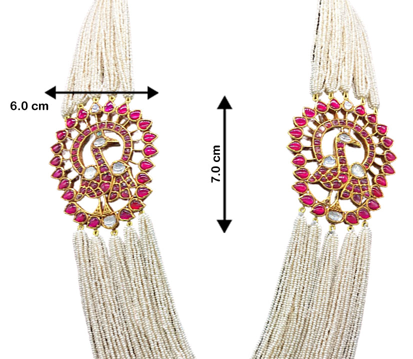 22k Gold and Diamond Polki Peacock Broach Necklace with Rubies and Chid Pearls