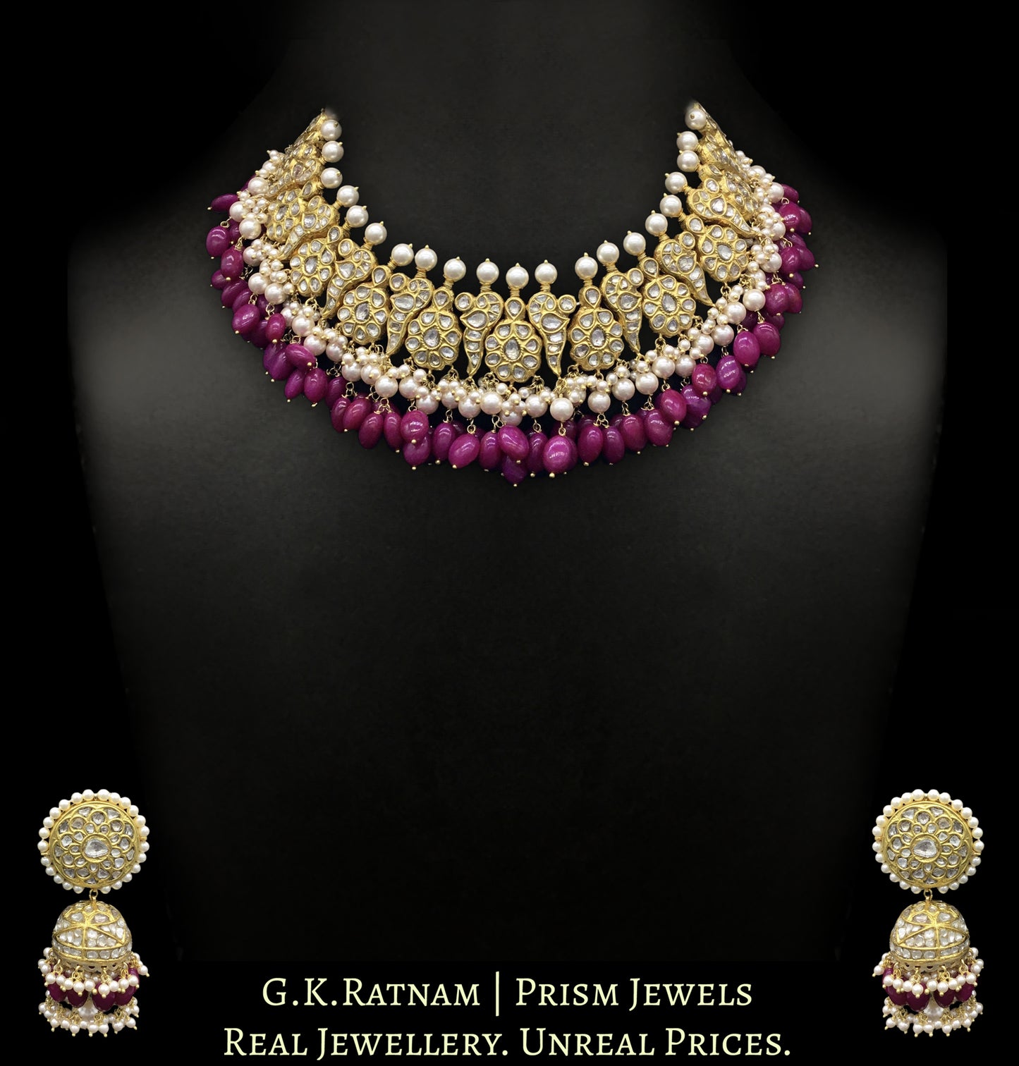 23k Gold and Diamond Polki Peacock (mor) Necklace Set with natural rubies