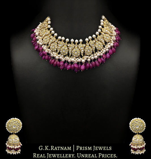 23k Gold and Diamond Polki Peacock (mor) Necklace Set with natural rubies