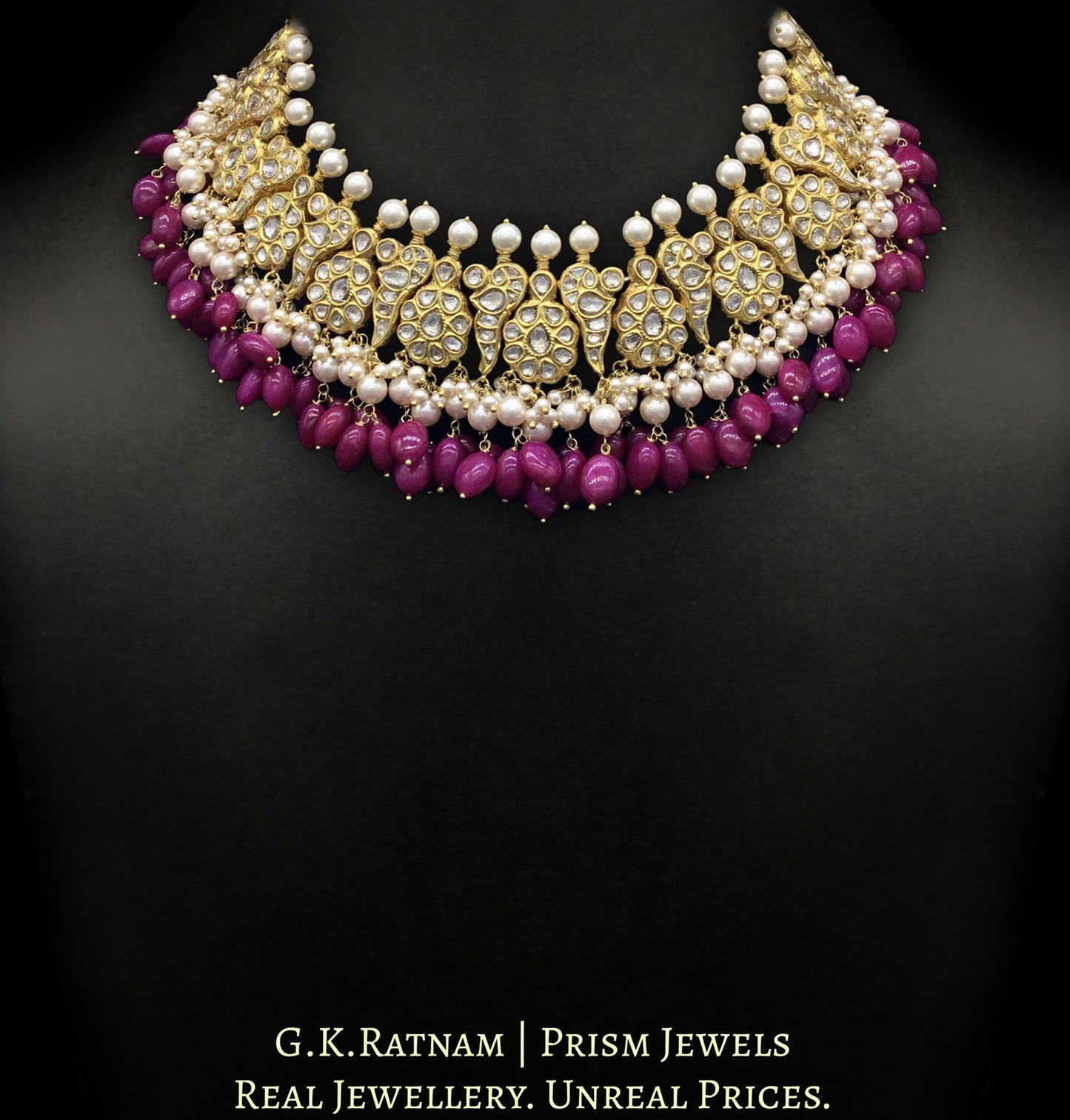 23k Gold and Diamond Polki Peacock (mor) Necklace Set with natural rubies