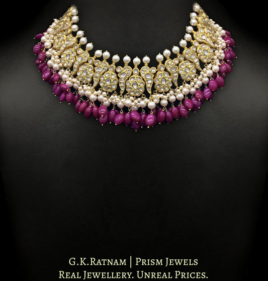 23k Gold and Diamond Polki Peacock (mor) Necklace Set with natural rubies