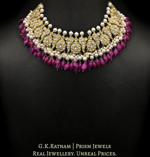 23k Gold and Diamond Polki Peacock (mor) Necklace Set with natural rubies