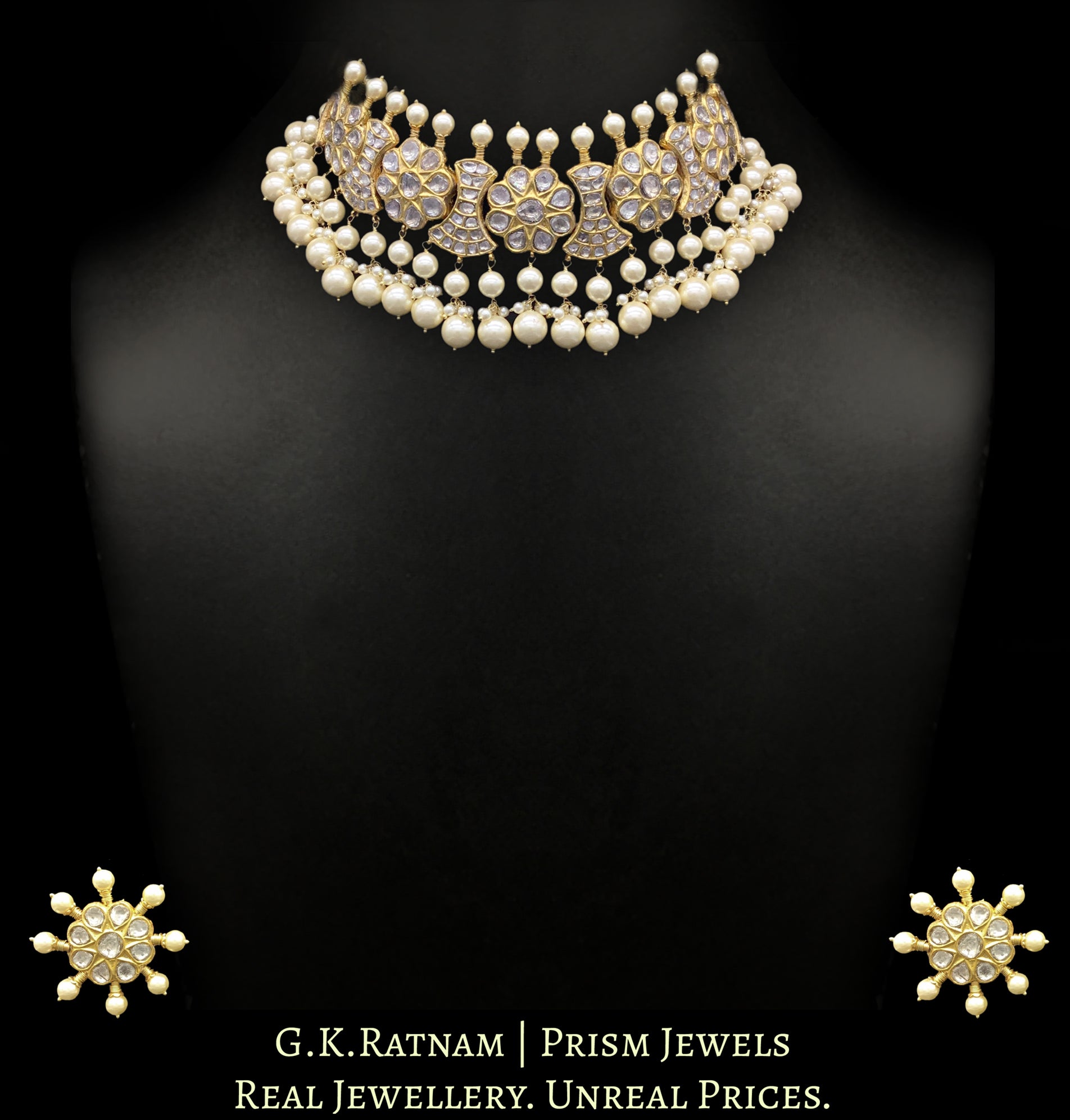 23k Gold and Diamond Polki Choker Necklace Set strung with multiple layers of lustrous pearls