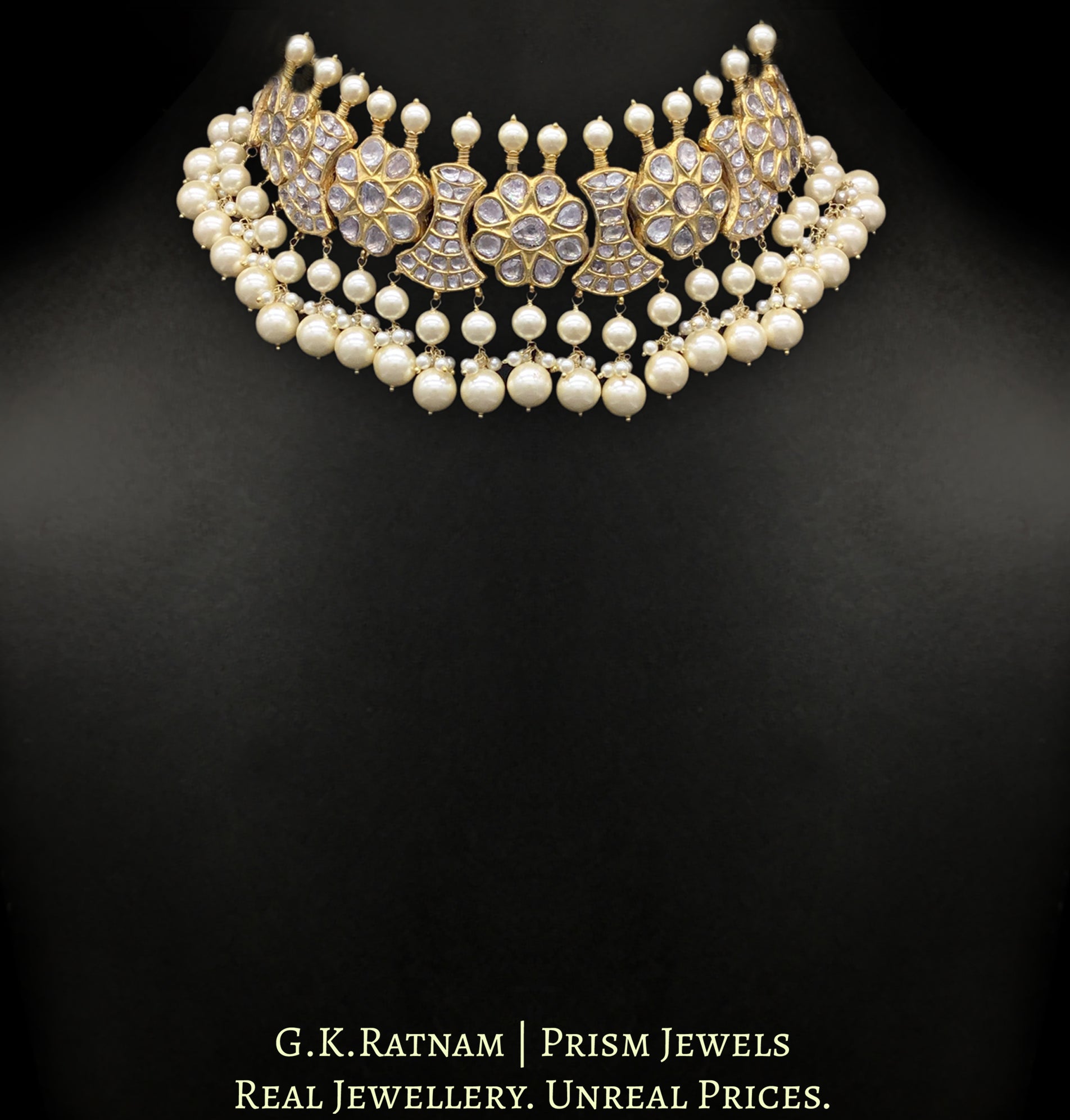 23k Gold and Diamond Polki Choker Necklace Set strung with multiple layers of lustrous pearls